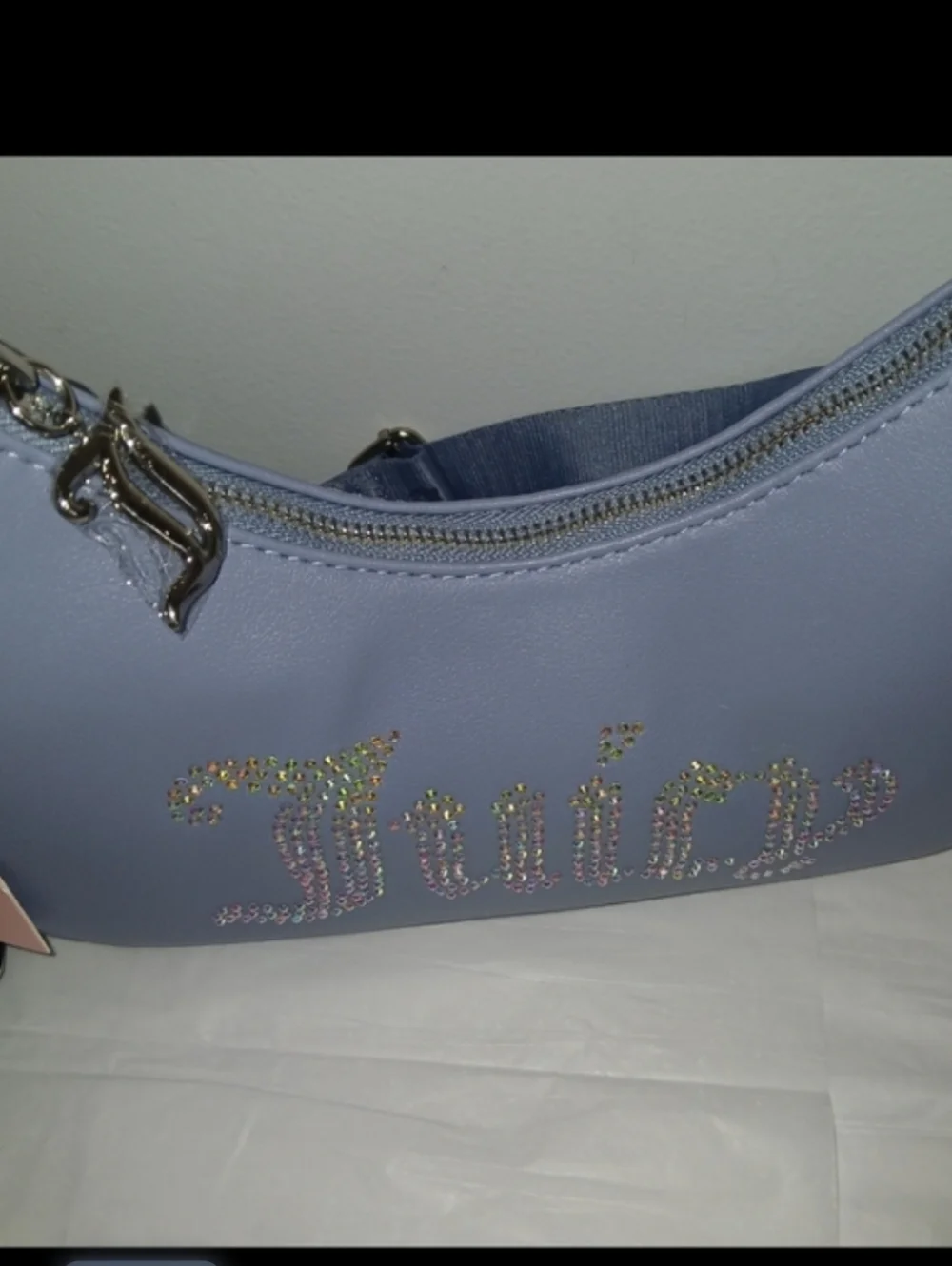 Juicy Couture Obsession Rhinestone Logo Crescent Crossbody Bag, Slate Blue